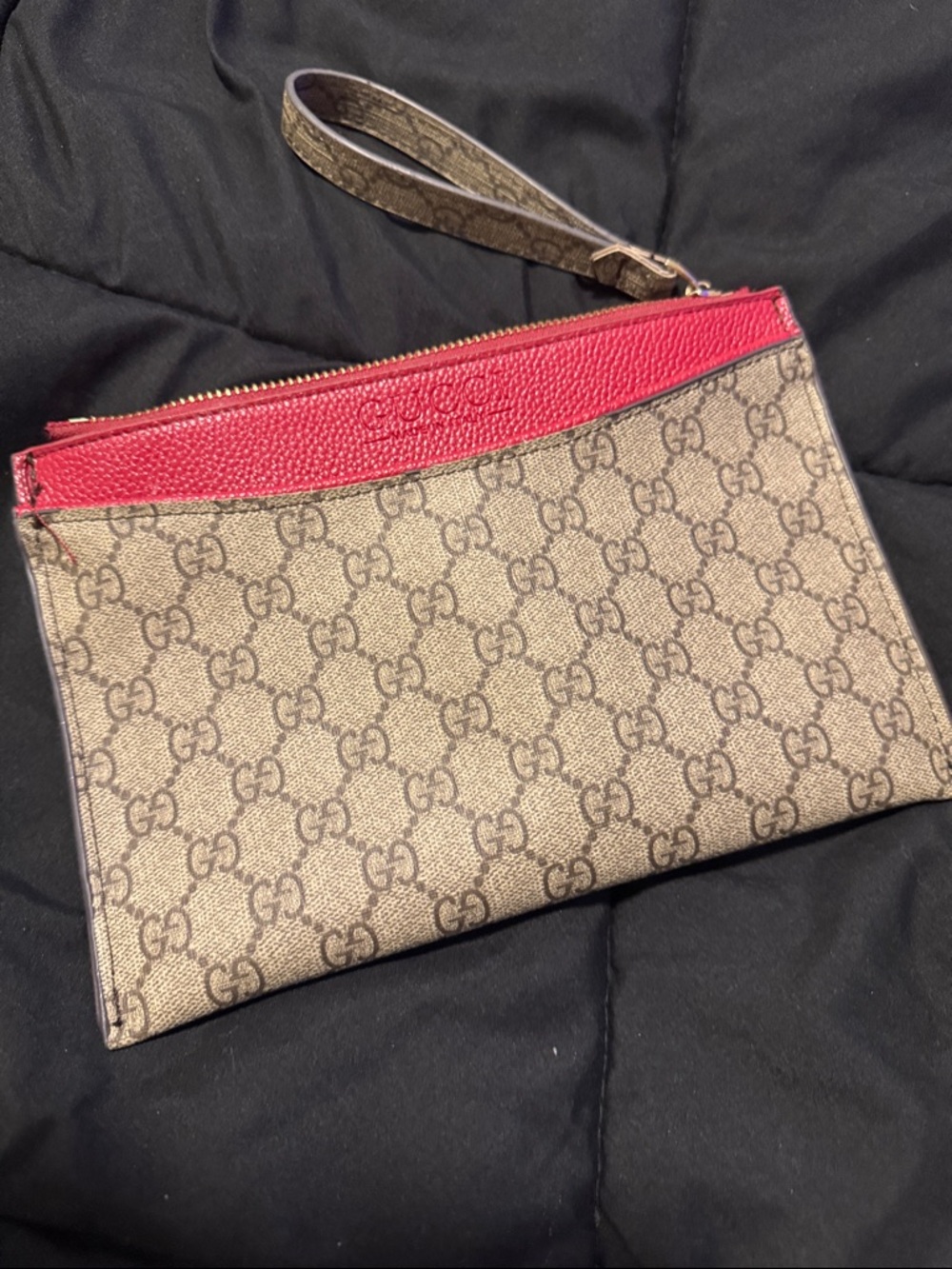 Gucci Beige GG Supreme Canvas Wristlet with Red Trim